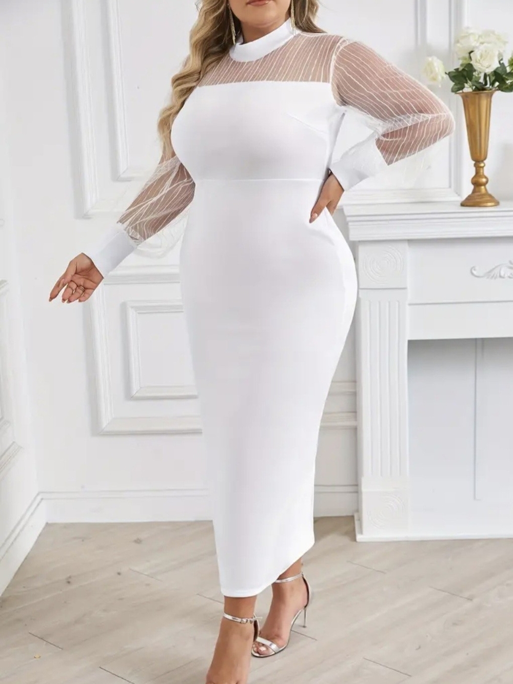 Elegant White Sheer-Sleeve Bodycon Dress